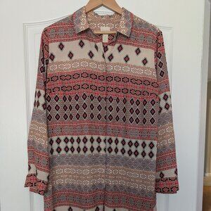 Chico’s Tunic Blouse Size 2 (Large) Boho Geometric Print Long Sleeve